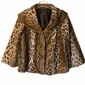 INC International Concepts Brown Animal Print Leopard Faux Fur Jacket Shawl L